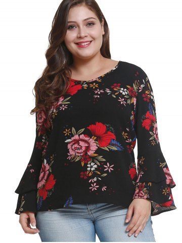 

Plus Size Floral Bell Sleeve Blouse, Black