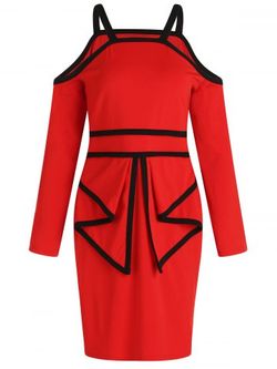 Plus Size Open Shoulder Contrast Bodycon Peplum Dress - RED - L