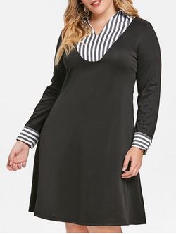 Plus Size Long Sleeve Striped Panel Dress - BLACK - L