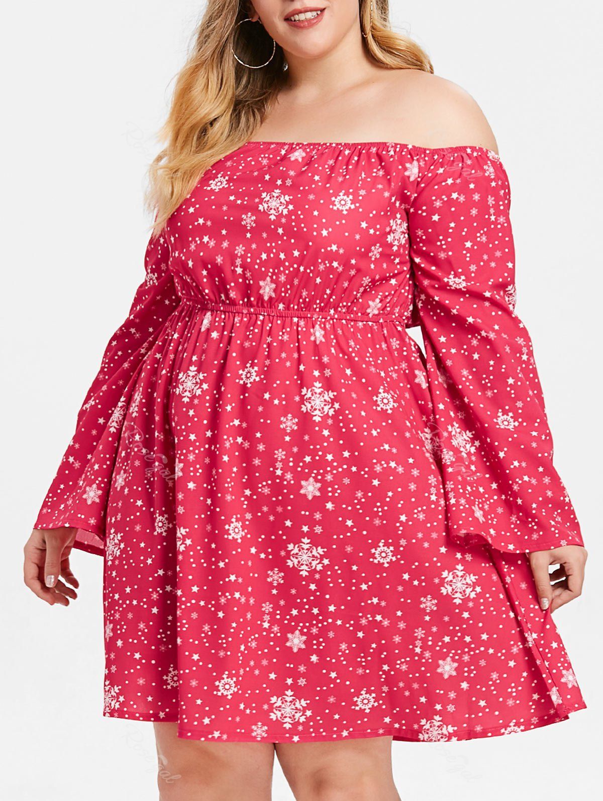 

Plus Size Off Shoulder Snowflake Print Dress, Deep pink
