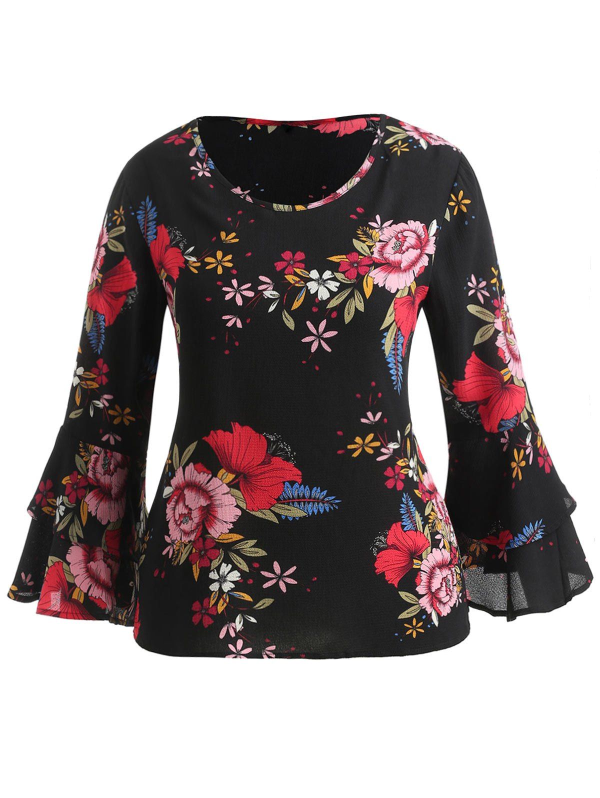 

Layered Bell Sleeve Plus Size Floral Print Blouse, Black