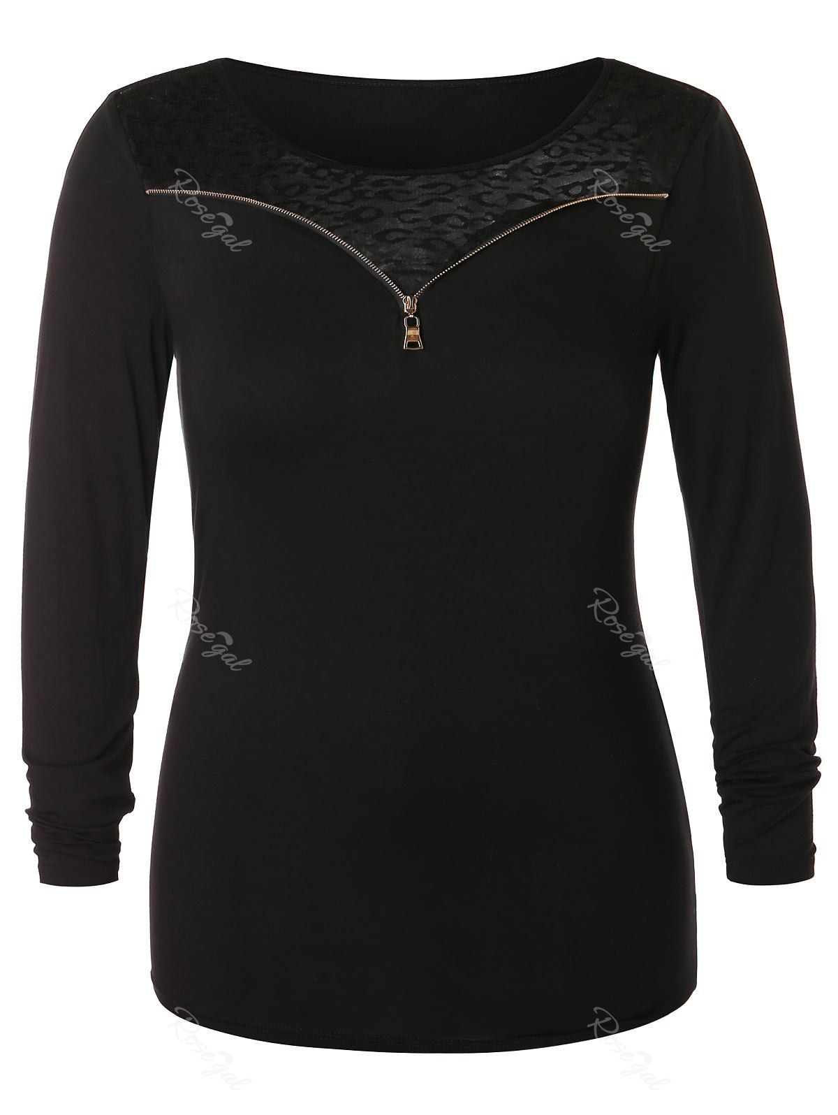 Plus Size Lace Insert Zipper Embellished T-shirt, Black