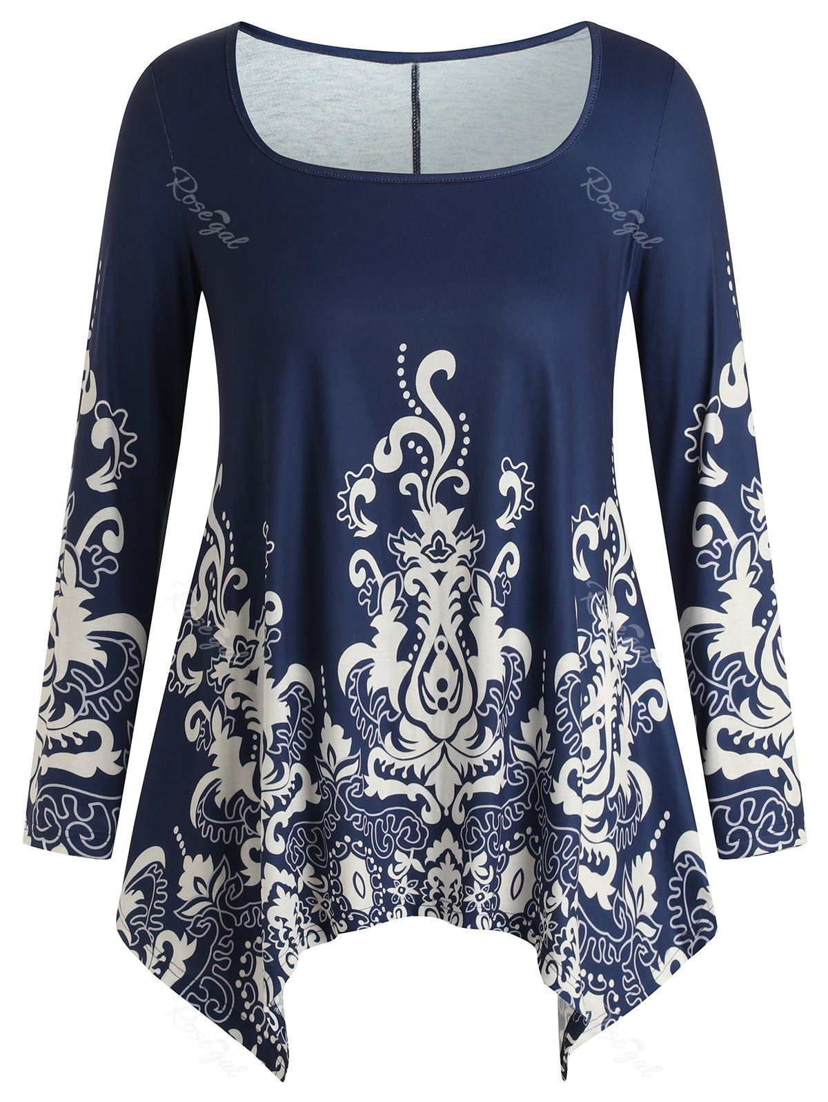 

Scoop Neck Plus Size Tribe Print T-shirt, Deep blue