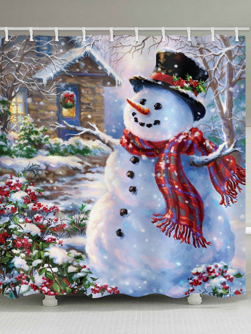 

Christmas House with Snowman Print Bathroom Shower Curtains, Multi