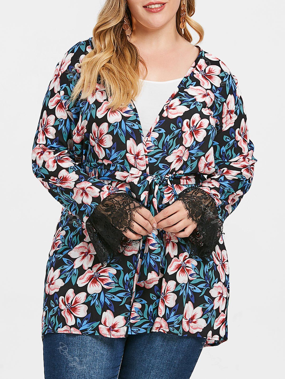 

Plus Size Floral Lace Panel Coat, Multi