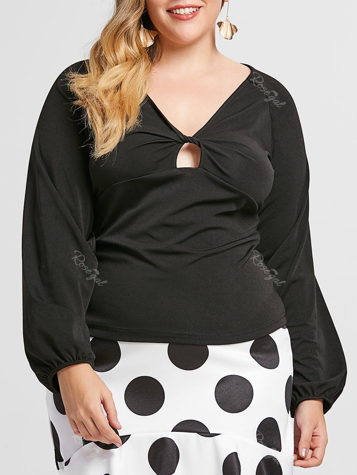 

Blouson Sleeve Cut Out Twisted Plus Size Top, Black