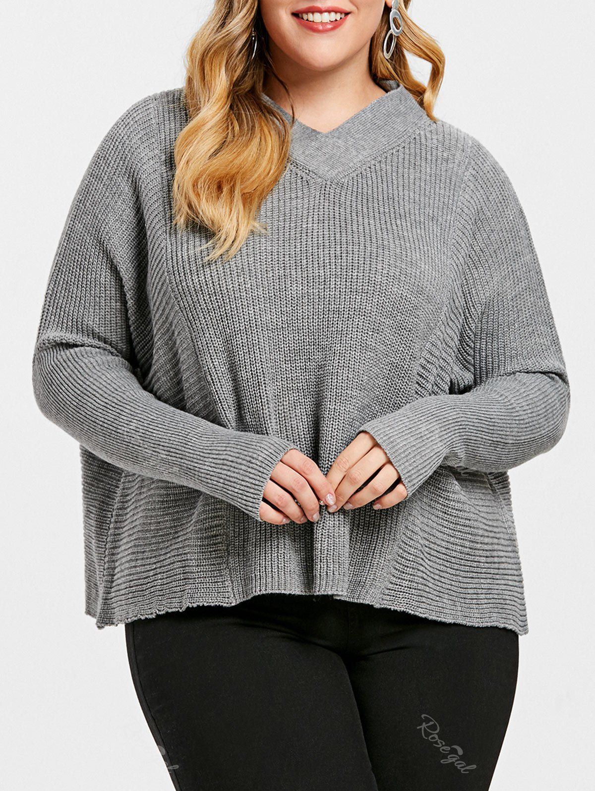 

Ribbed Plus Size V Neck Pullover Sweater, Gray cloud
