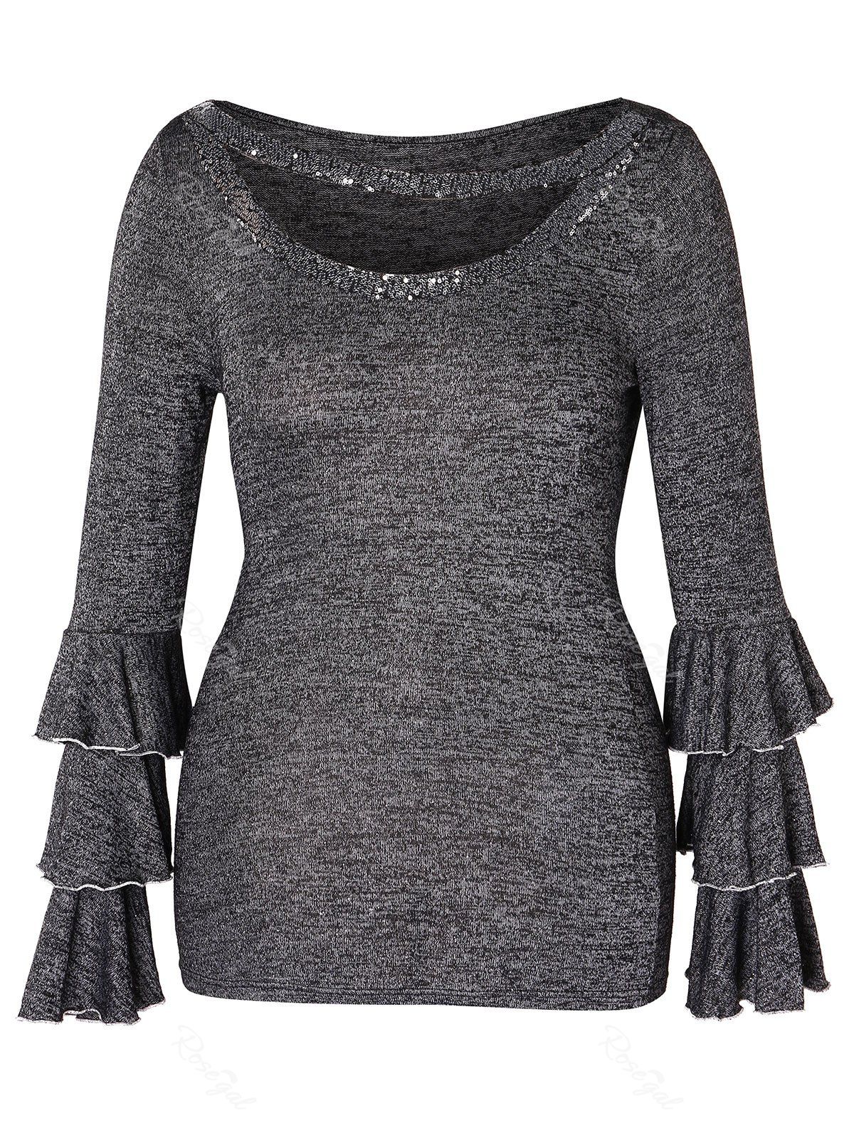 

Plus Size Cut Out Sequins Flare Sleeve Tee, Gray