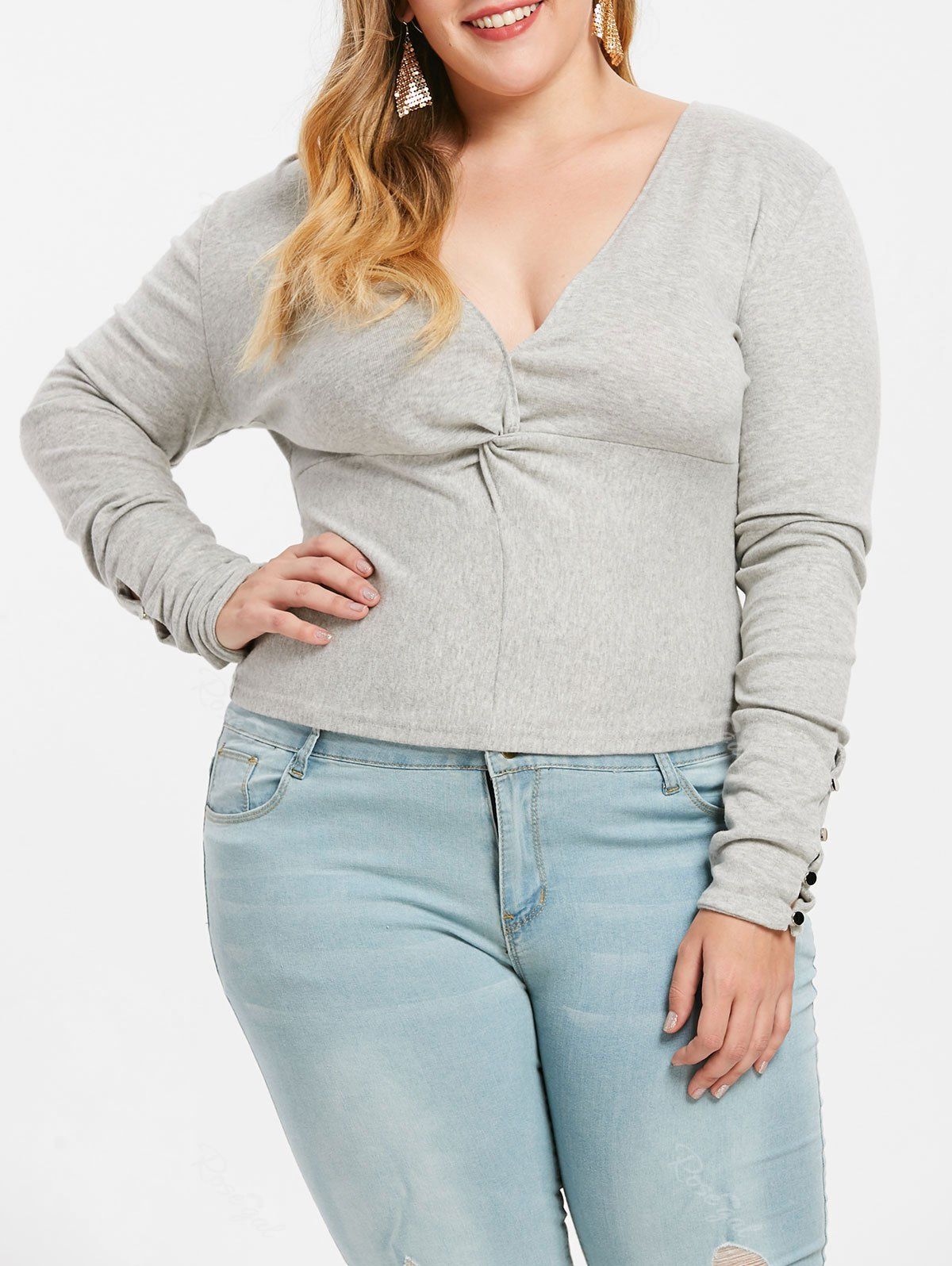 

Plus Size Twist Front Plunge T-shirt, Light gray