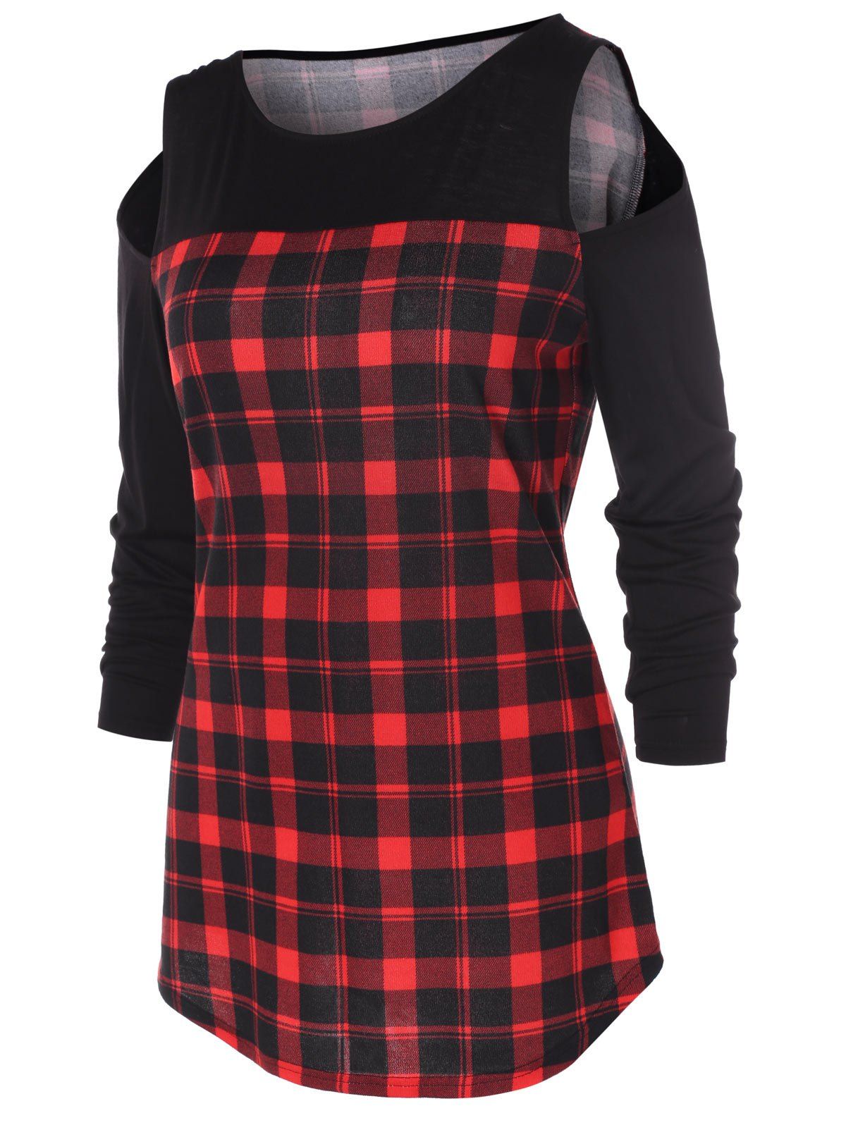 

Cut Out Shoulder Plaid T-shirt, Red wine