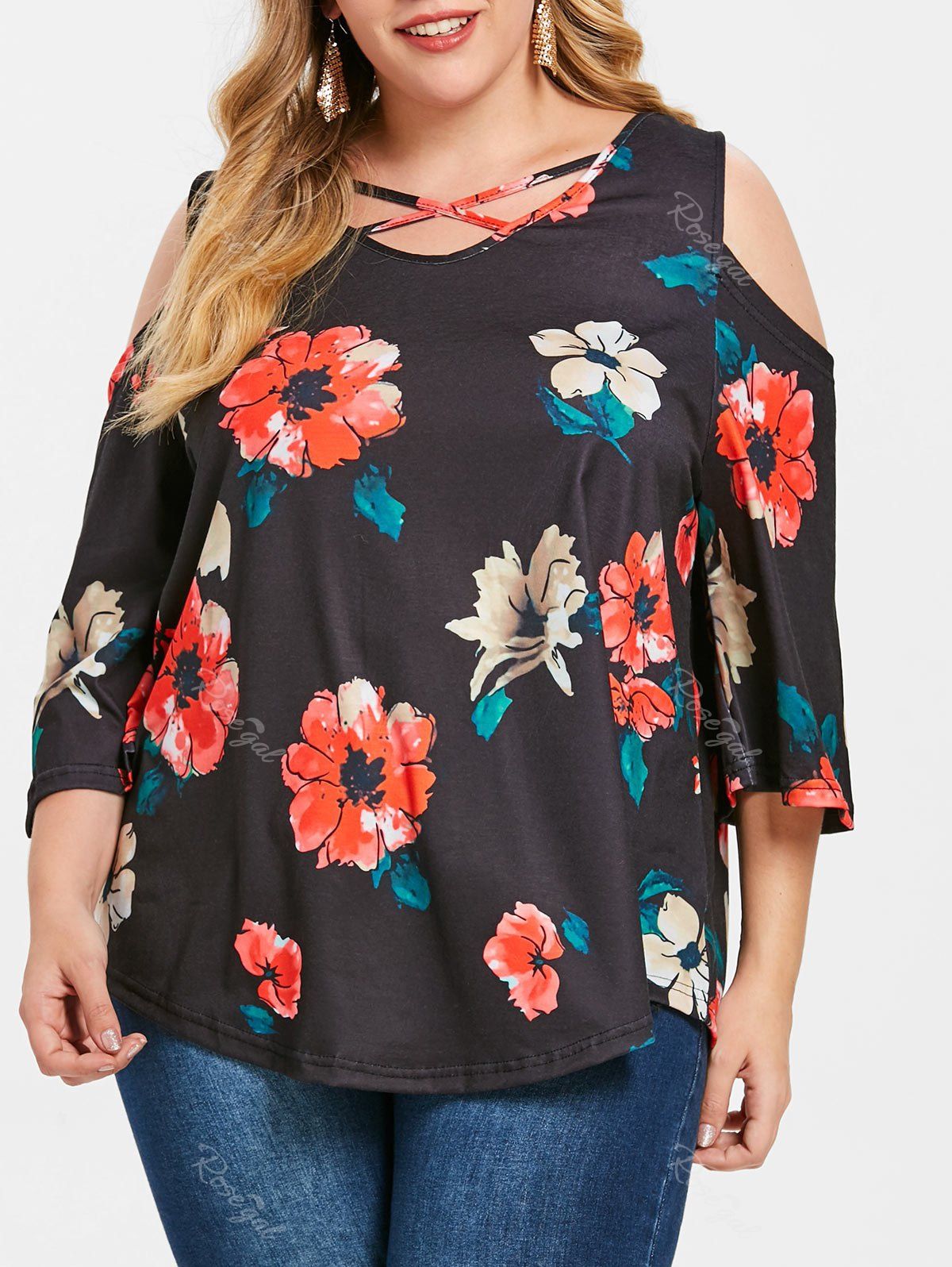 

Cold Shoulder Floral Plus Size Tee, Black