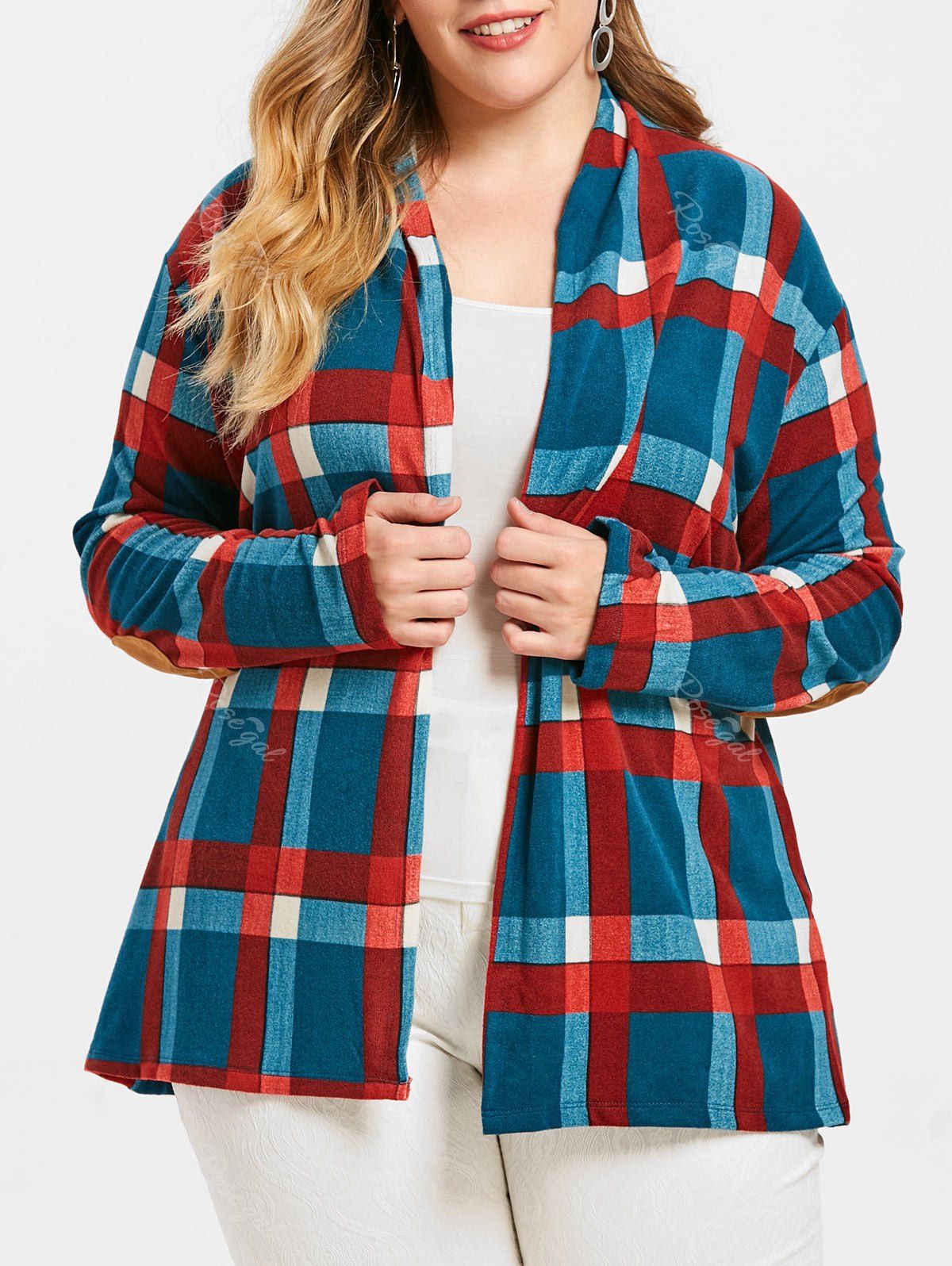 

Open Front Checked Plus Size Cardigan, Blue ivy