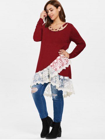 

Plus Size Lace Panel Layered T-shirt, Red wine