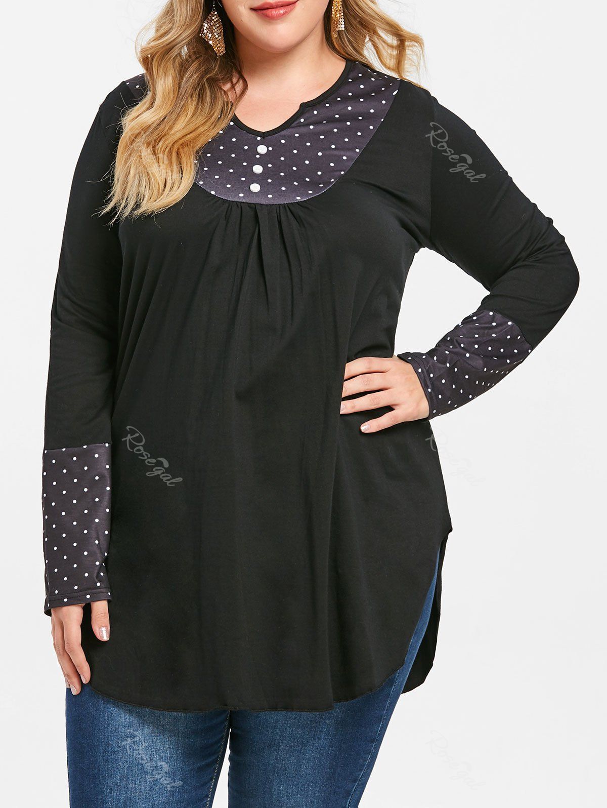 

Polka Dot Long Sleeve Plus Size Tunic Tee, Black