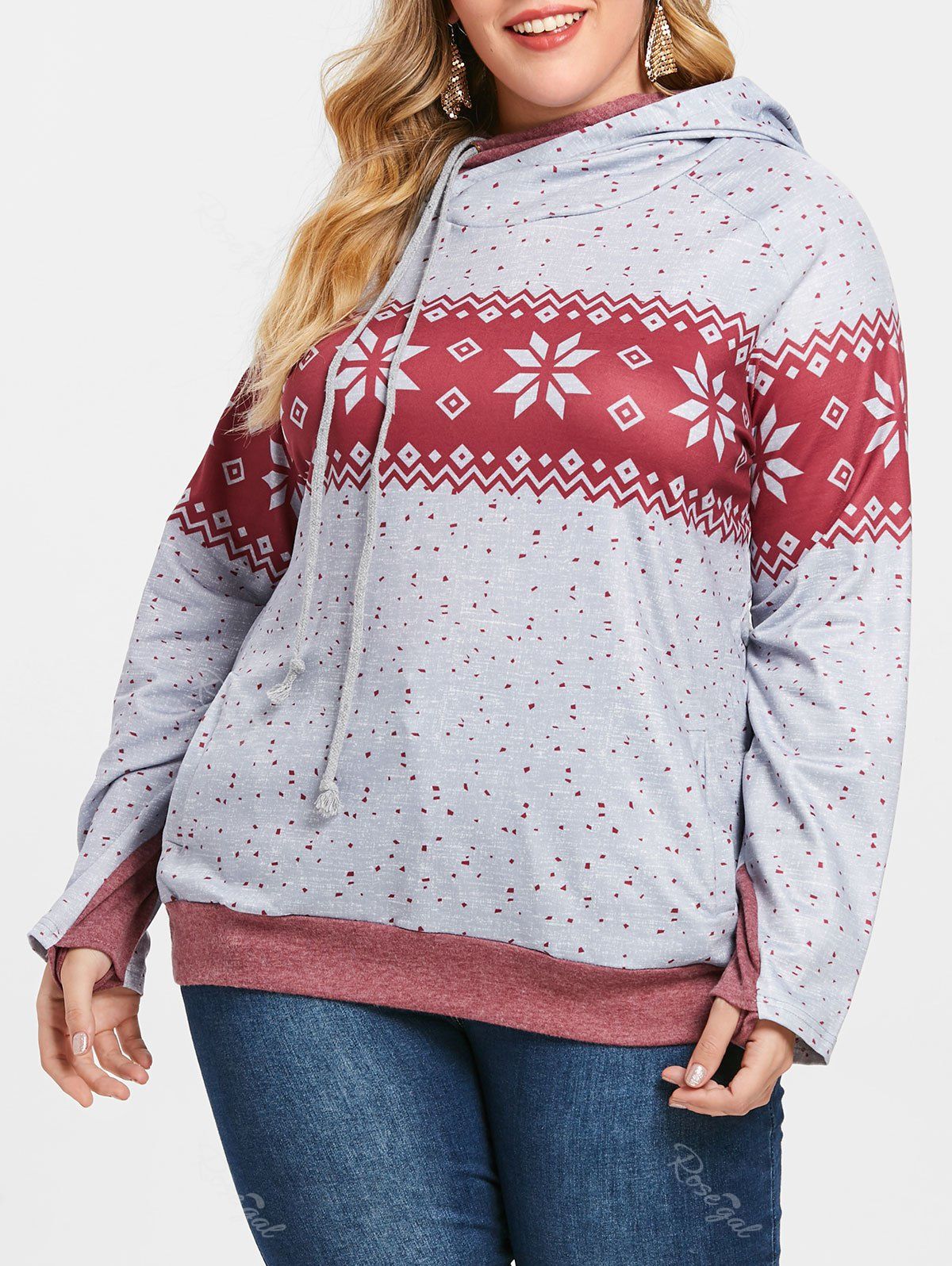 

Printed Layered Hood Plus Size Hoodie, Light gray