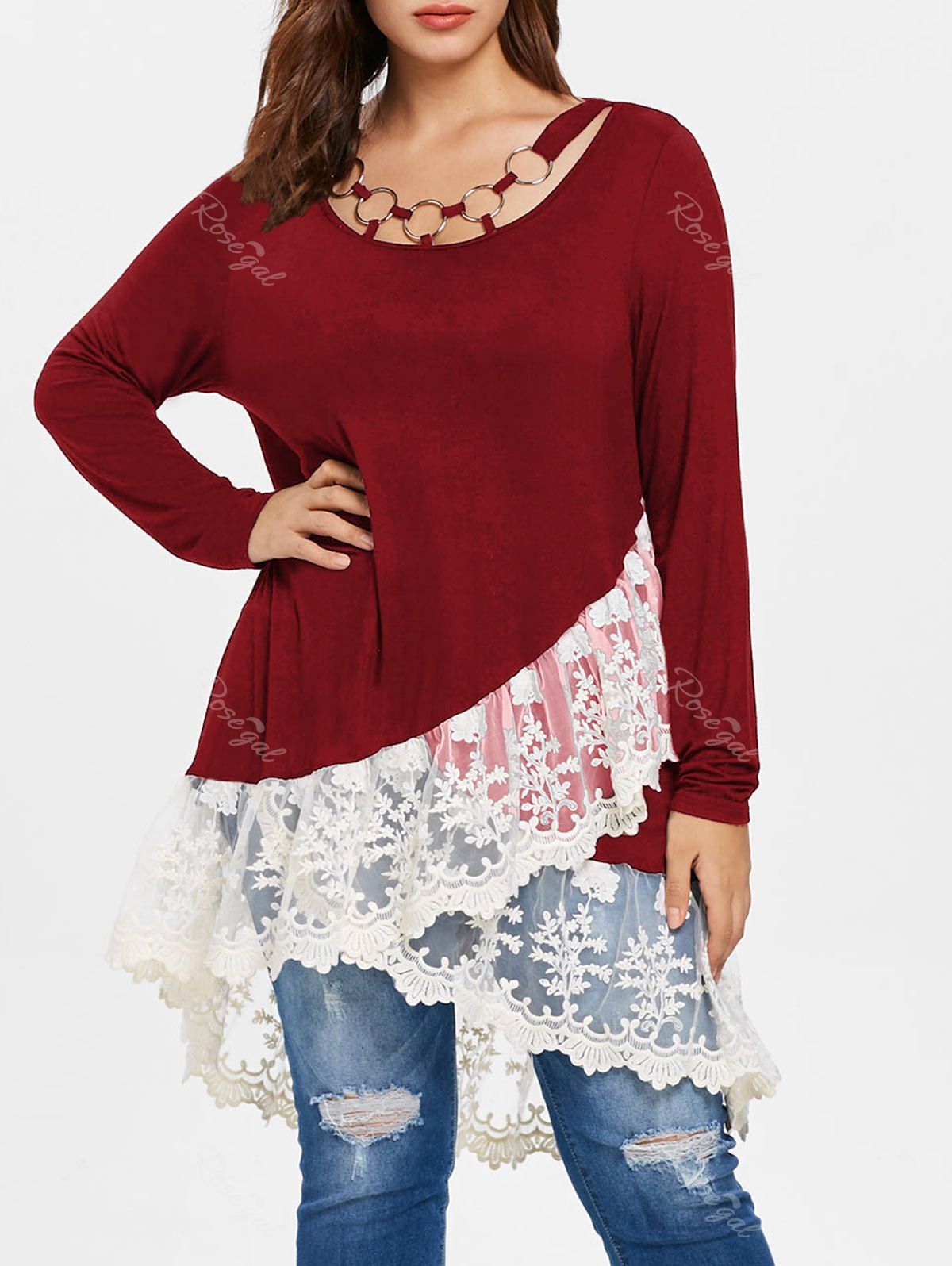 

Plus Size Lace Panel Layered T-shirt, Red wine