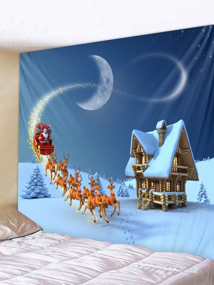 

Christmas Santa Reindeer House Print Removable Wall Tapestry, Multi