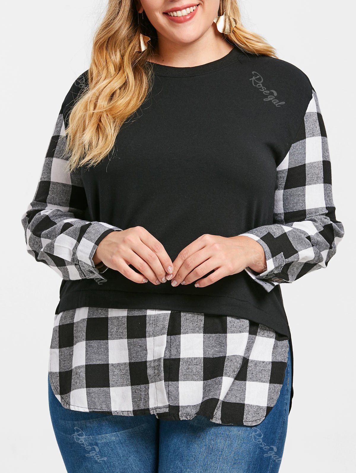 

Plaid Panel Plus Size Faux Two Piece Top, Black