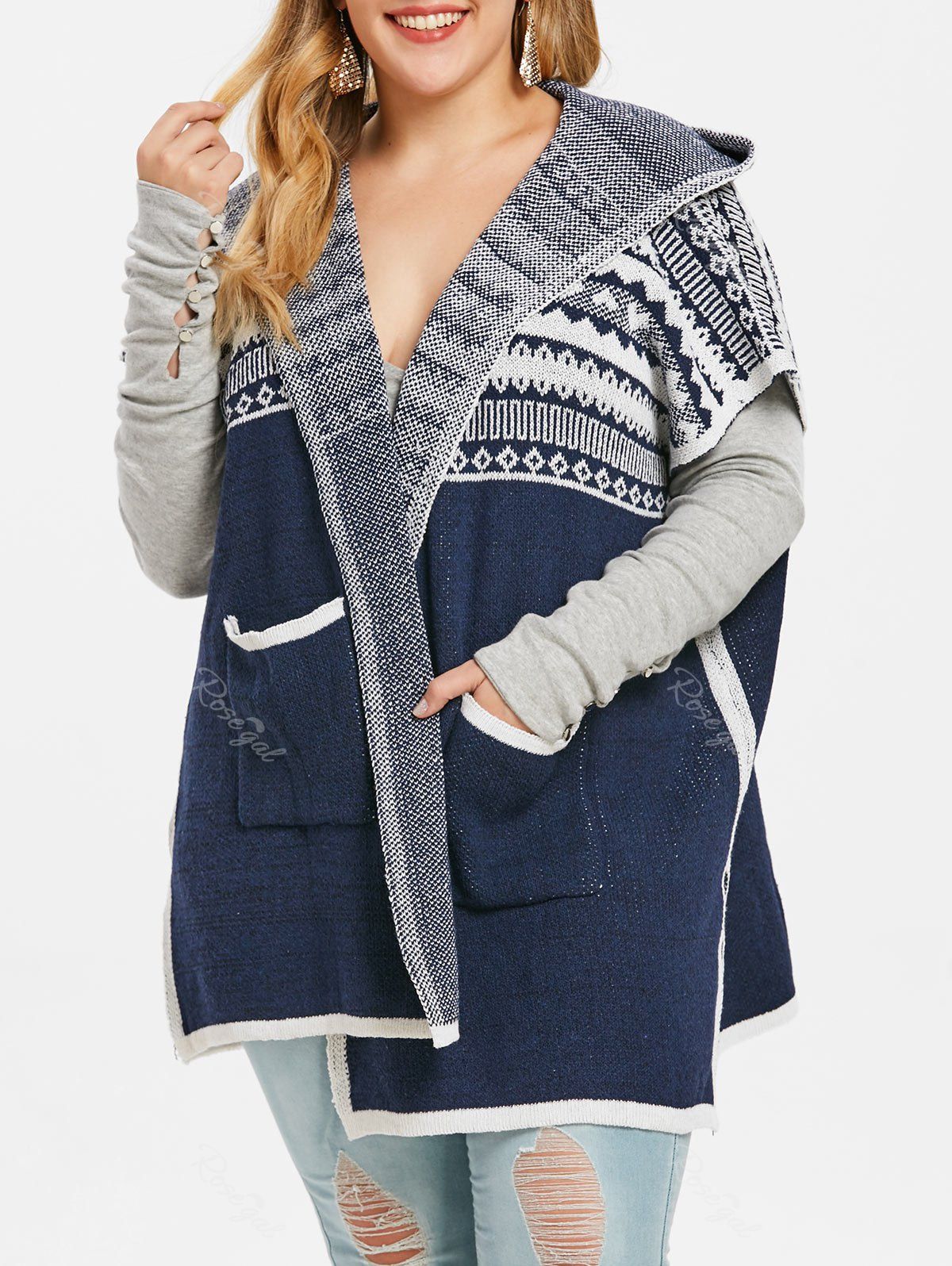 

Printed Plus Size Hooded Cardigan, Marble blue