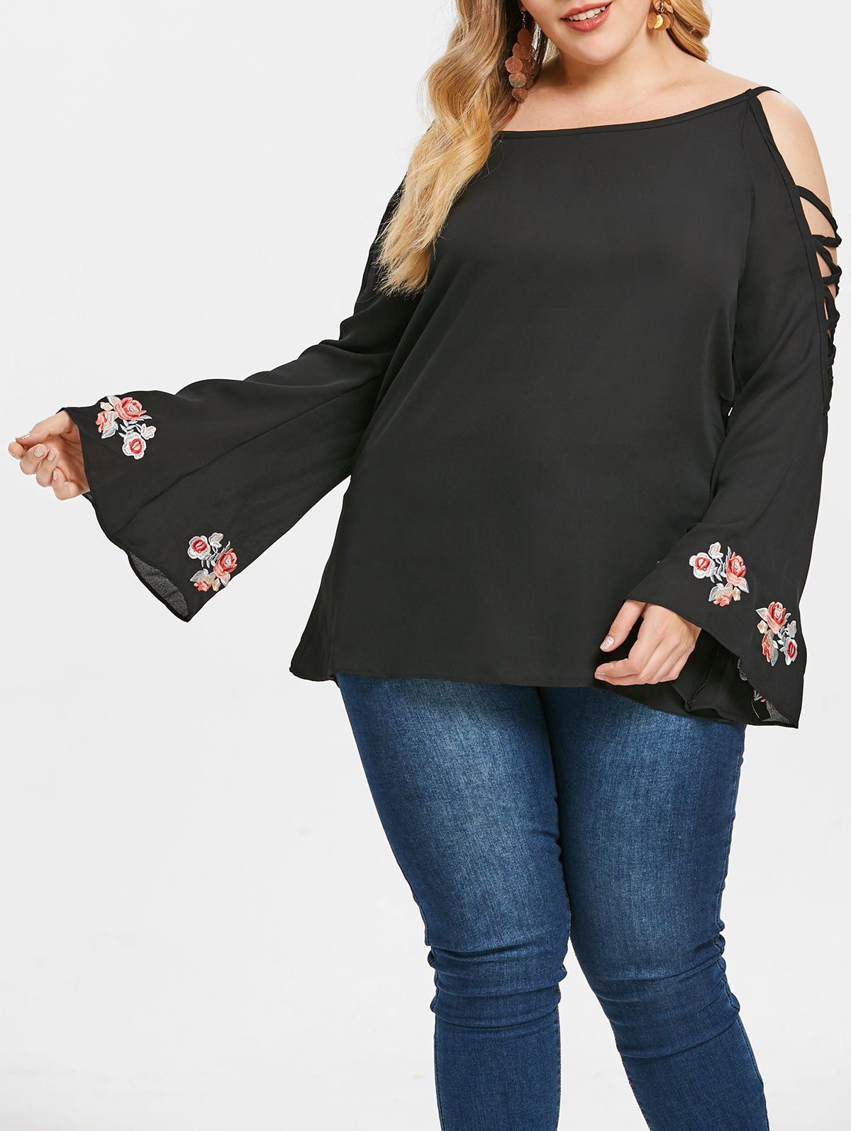 

Criss Cross Sleeve Plus Size Embroidery Blouse, Black