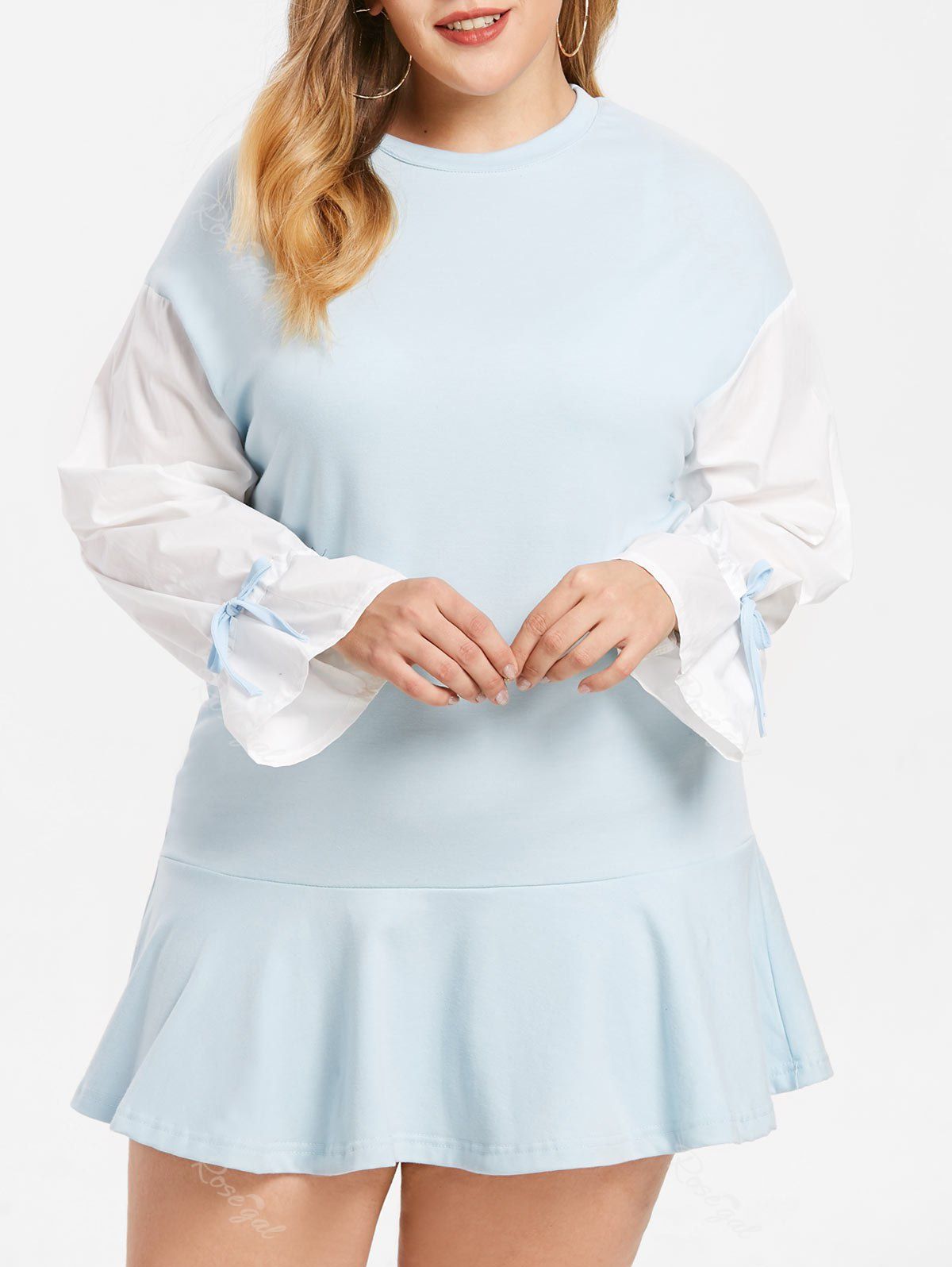 

Tie Sleeve Plus Size Ruffle Hem Dress, Baby blue