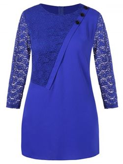 Plus Size Lace Panel Office Dress - BLUE - L