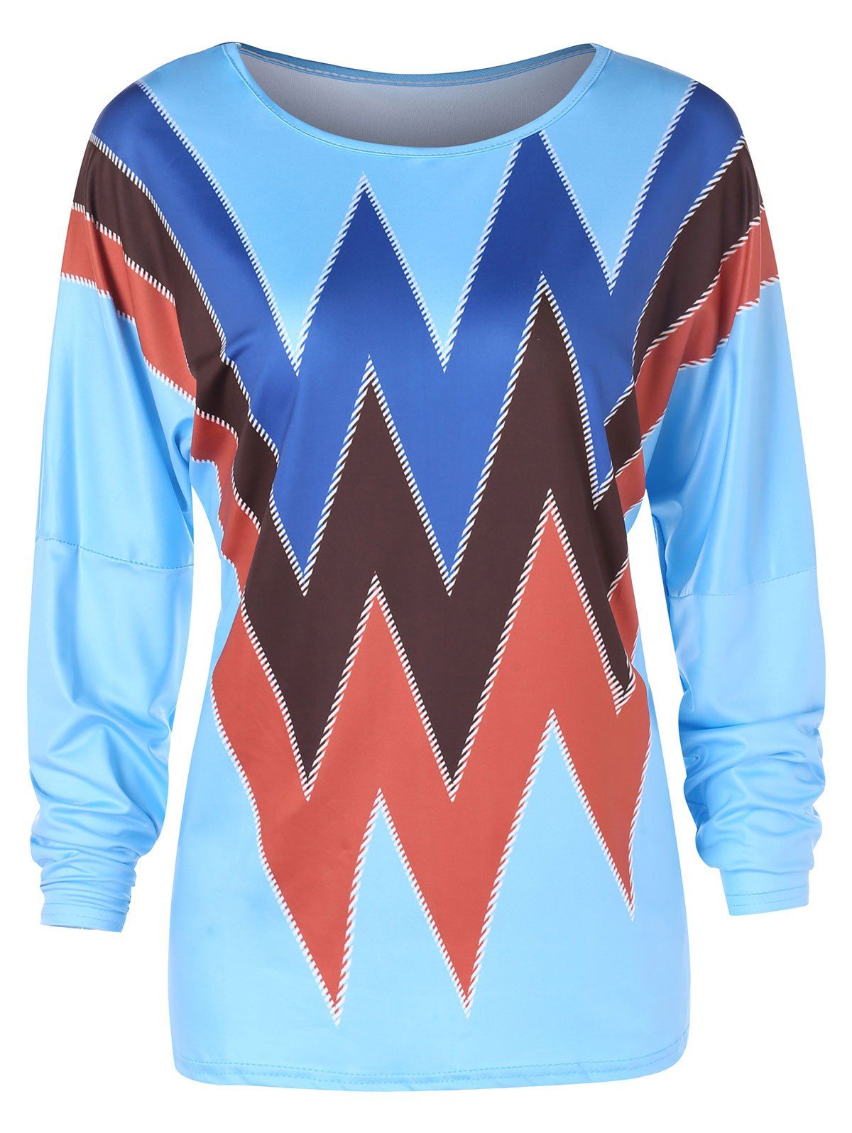 

Dropped Shoulder Full Sleeve Zigzag Print T-shirt, Light blue