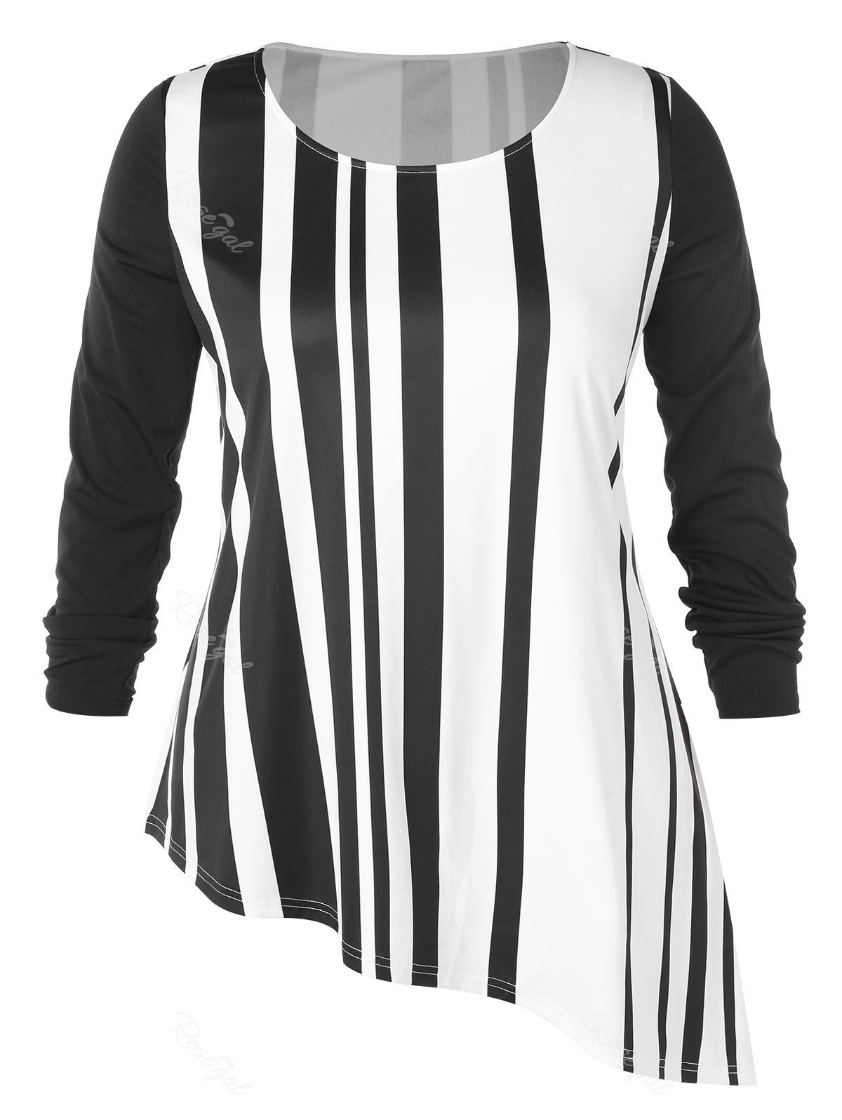

Plus Size Stripe Pattern Asymmetric T-shirt, Milk white