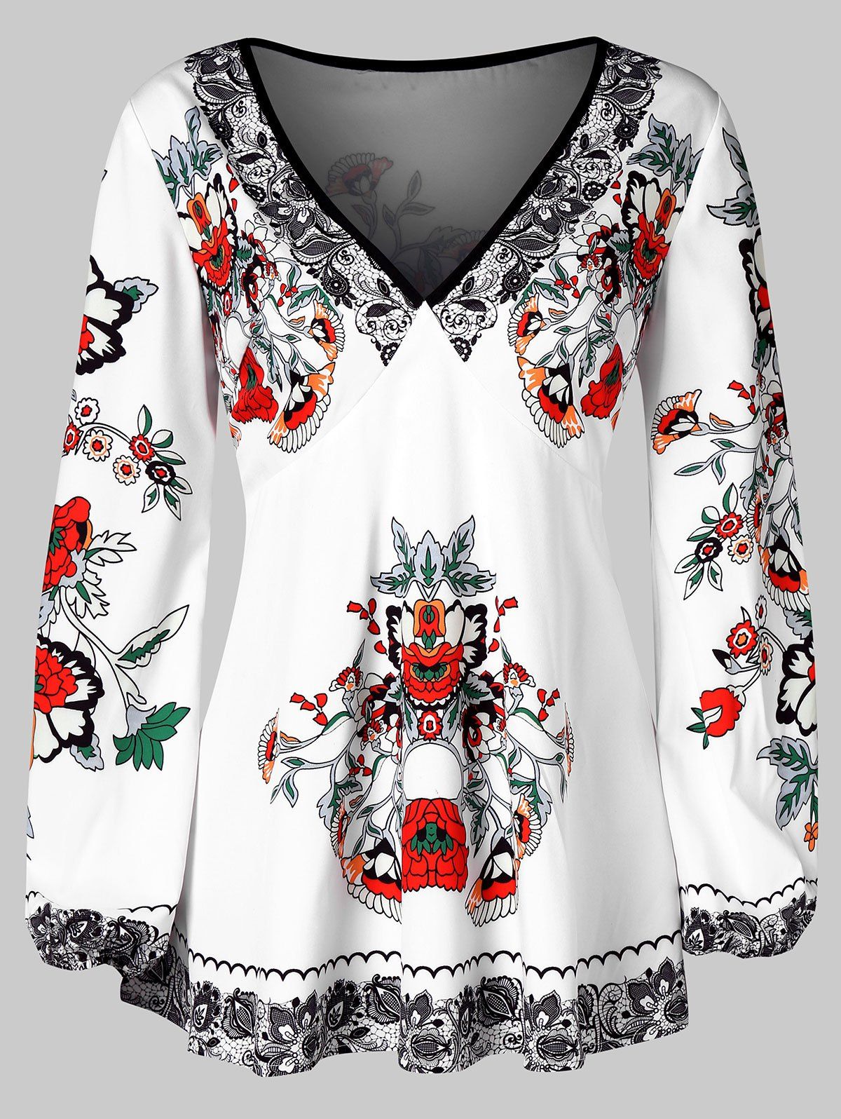 

V Neck Floral Print Blouse, Milk white