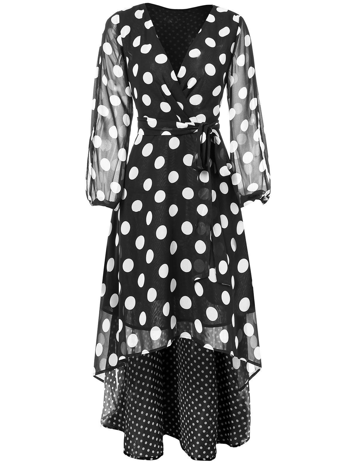 

Polka Dots Maxi V Neck Wrap Dress, Black