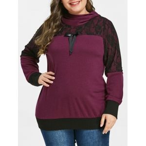 

Plus Size Lace Insert Bowknot Hoodie, Dark orchid