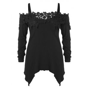 

Plus Size Open Shoulder Lace Panel T-shirt, Black