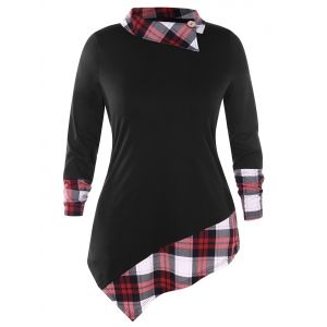 

Plus Size Plaid Detail Asymmetric Longline Tee, Black