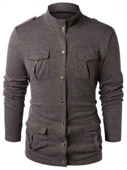 Stand Collar Epaulet Design Button Up Sweater - DEEP BROWN - XL