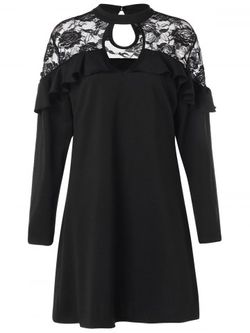 Plus Size Keyhole Lace Panel Ruffle Dress - BLACK - L