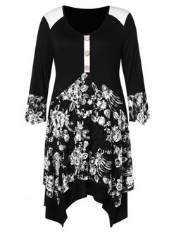 Plus Size Buttoned Floral Asymmetric Dress - BLACK - 3X