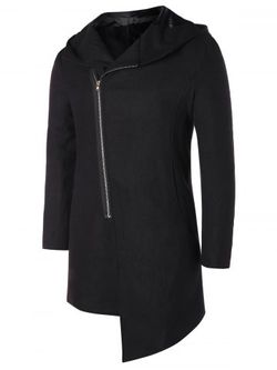 Asymmetric Zip Up Hooded Longline Coat - BLACK - L