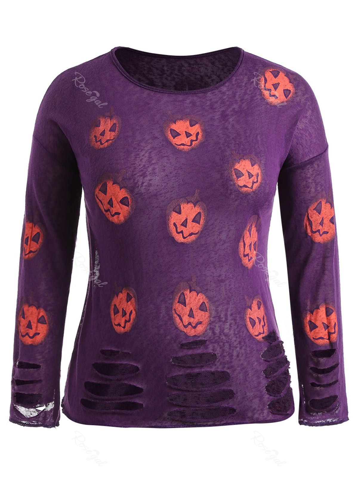 

Halloween Pumpkin Lantern Print Plus Size Ripped T-shirt, Purple