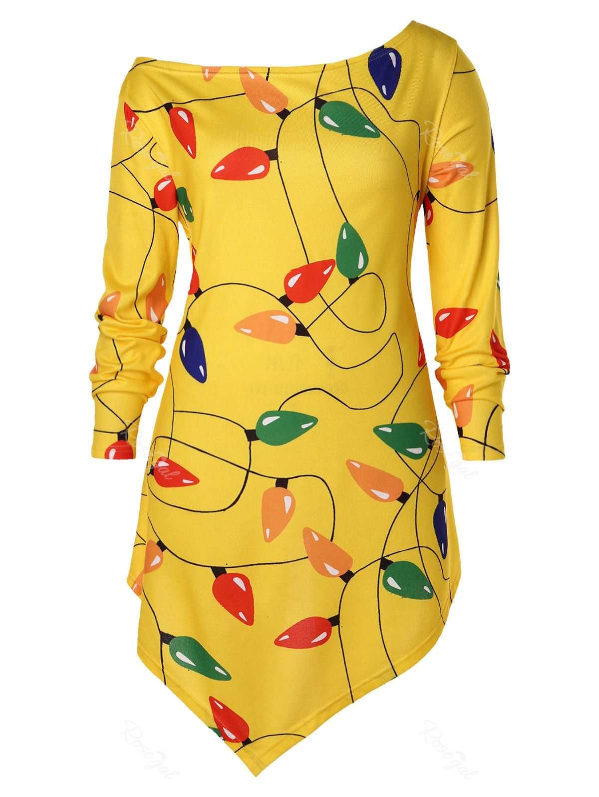 

Christmas Plus Size Color Lights Print Asymmetrical T-shirt, Bright yellow