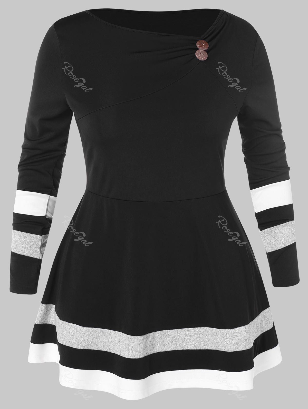 

Plus Size Contrast Stripe Buttons T-shirt, Black