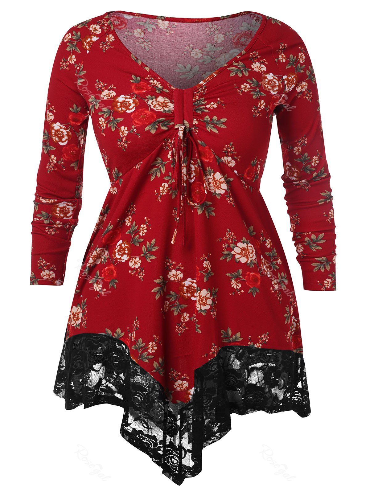 

Plus Size Floral Lace Trim Empire Waist T-shirt, Red wine