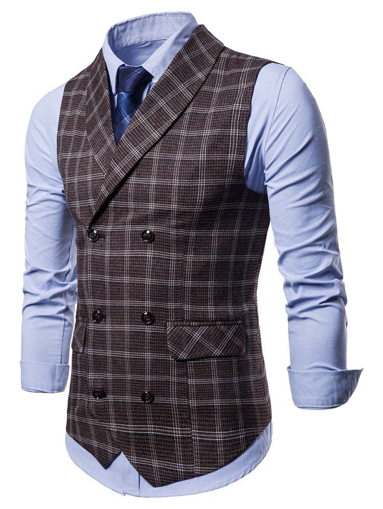 

Double Breasted Shawl Collar Plaid Waistcoat, Coffee