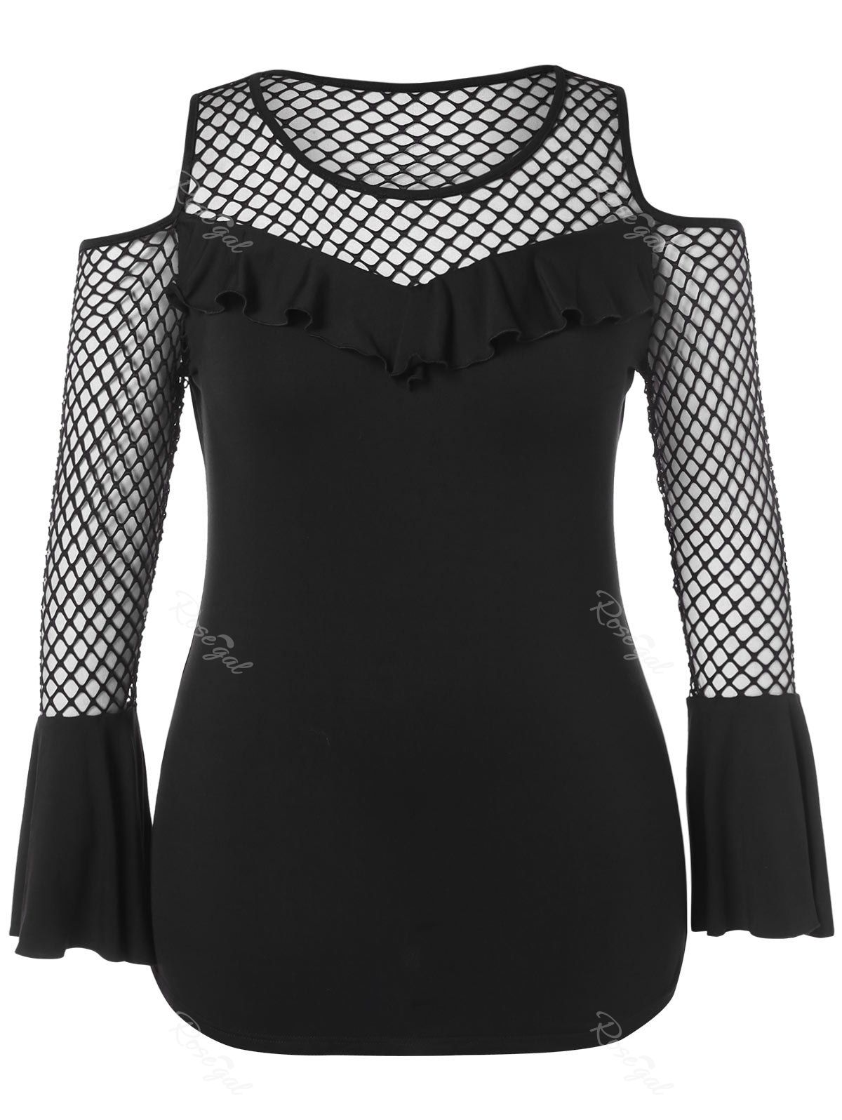 

Plus Size Fishnet Panel Open Shoulder T-shirt, Black