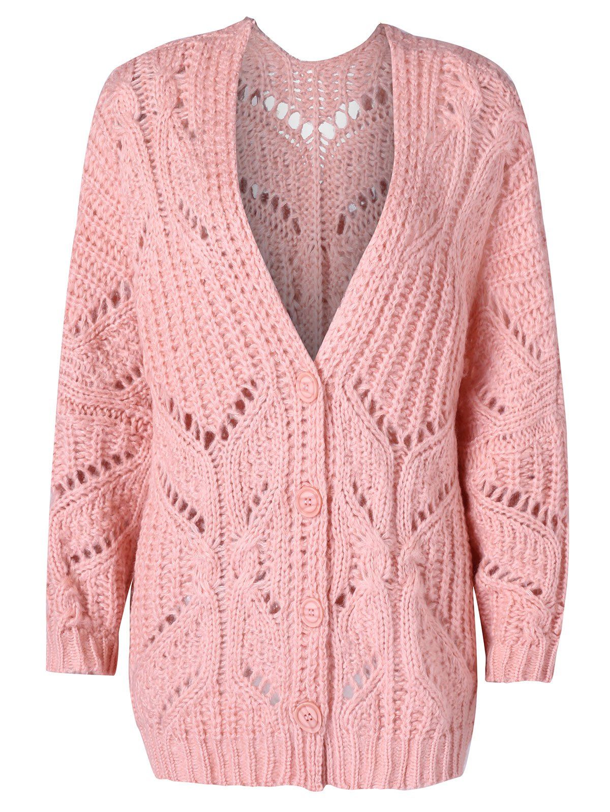 

Buttoned Front Low Cut Crochet Cardigan, Pink