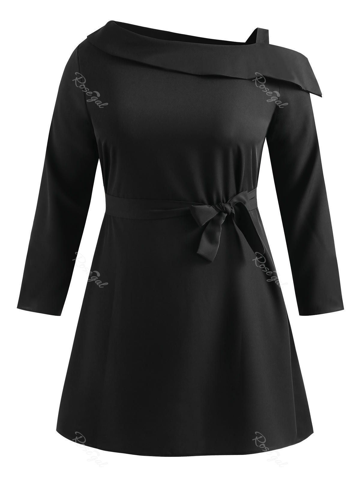 

Plus Size Skew Neck Belted Dress, Black