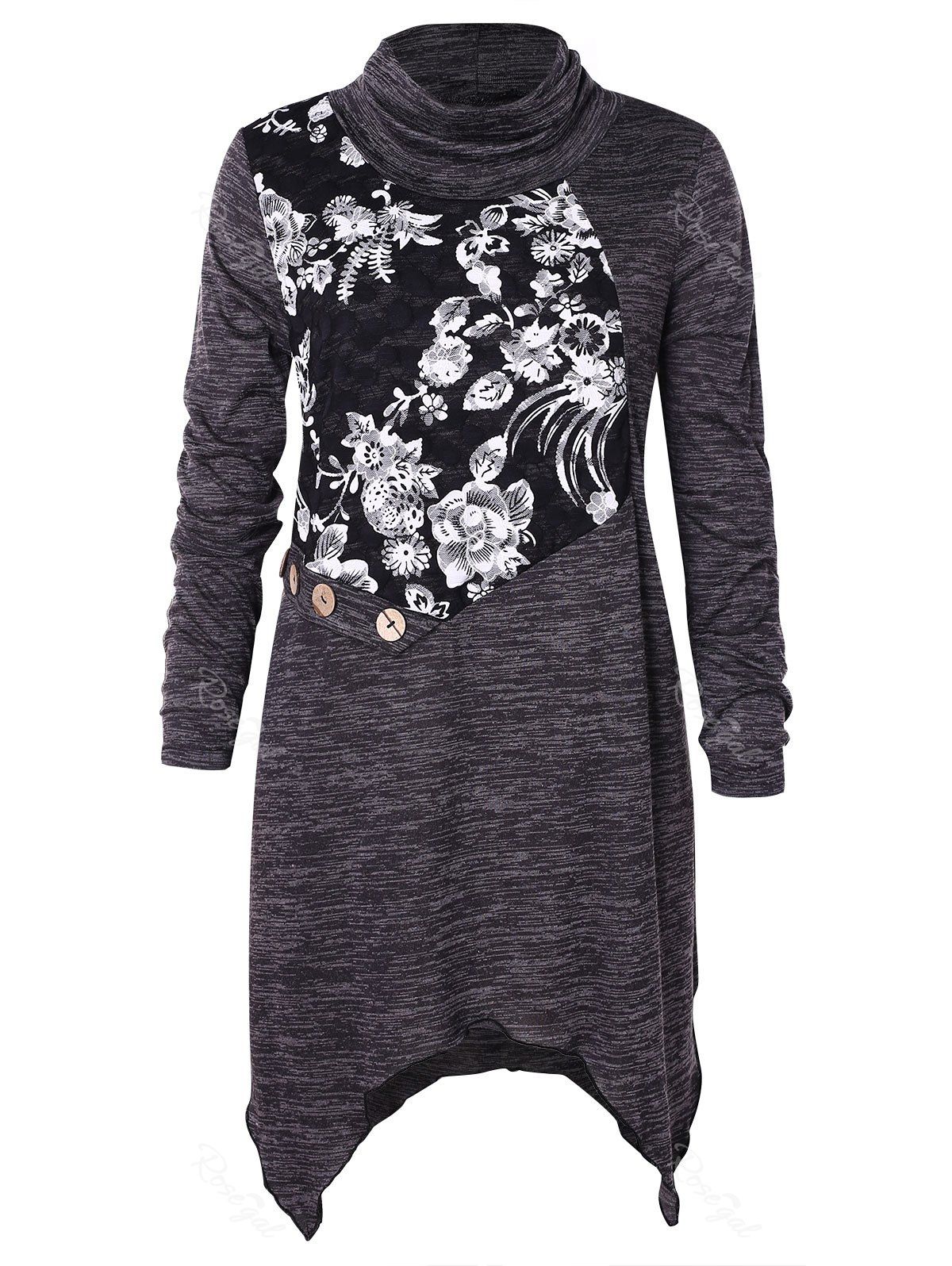 

Plus Size Cowl Neck Floral Lace Insert Handkerchief T-shirt, Smokey gray