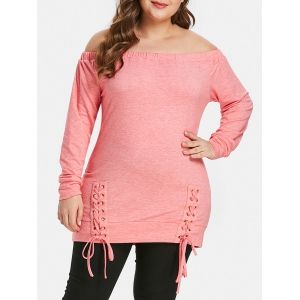 

Plus Size Lace Up Off The Shoulder T-shirt, Pink