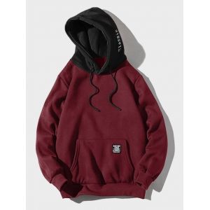 

Contrast Letter Patch Detail Kangaroo Pocket Fleece Hoodie, Red wine