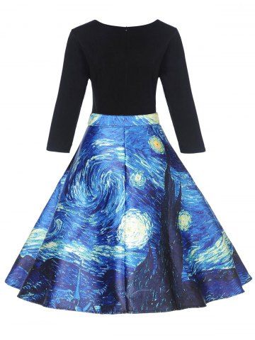 

Vintage Starry Sky Print Fit and Flare Dress, Black