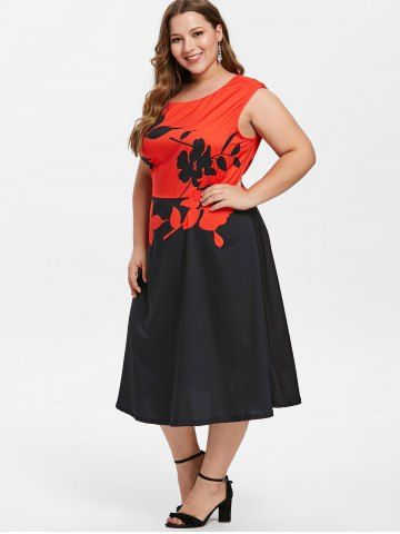 

Sleeveless Plus Size Floral Print A Line Dress, Lava red